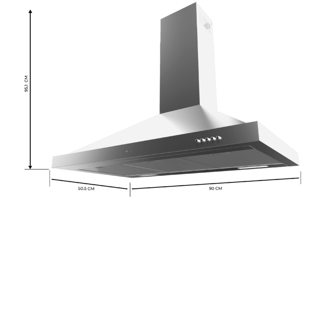 Cecotec Bolero Flux PM 906500 Inox A Campana Piramidal De 90cm De Ancho Acabado Inox Succión 650m3/h Motor 165W Clase A Control Mecánico 3 Niveles De Potencia Luz Y Filtro De Carbono. Campana Extractora Piramidal 
