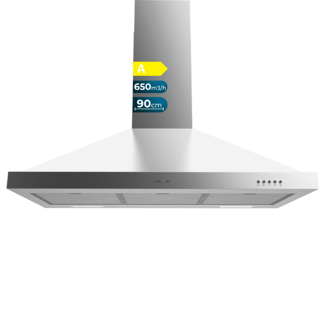 Cecotec Bolero Flux PM 906500 Inox A Campana piramidal de 90cm de ancho acabado inox succión 650m3/h Motor 165W Clase A control mecánico 3 niveles de potencia luz y filtro de carbono. Campana extractora piramidal 