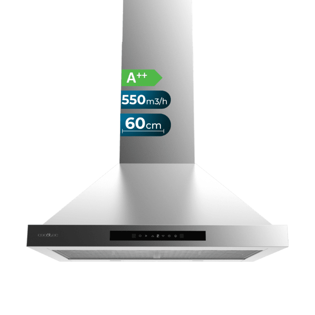 Cecotec Bolero Flux PT 605500 Inox A++ Campana piramidal de 60cm de ancho acabado inox succión 550m3/h Motor 70W Clase A++ Control Táctil Hand Movement Control 3 niveles de potencia Booster Delay Function Luz y filtro de carbo