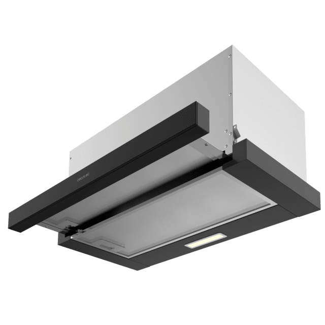 Cecotec Bolero Flux TLM 603500 Black A Campana Extratora Telescópica De 60cm De Ancho Acabado Negro Potencia Succión 350m3/h Motor 70W Clase A Control Mecánico 2 Niveles De Potencia Y Filtro De Carbono. Campana Extratora Tele