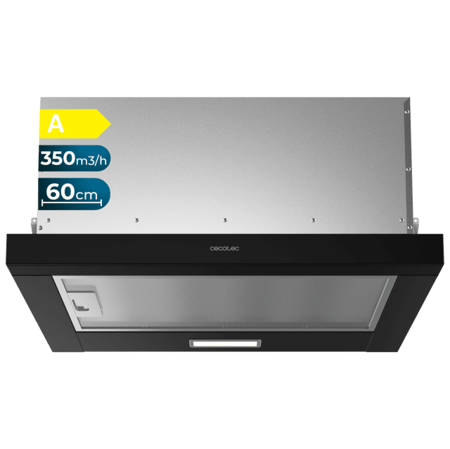 Cecotec Bolero Flux TLM 603500 Black A Campana extratora telescópica de 60cm de ancho acabado negro potencia succión 350m3/h Motor 70W Clase A control mecánico 2 niveles de potencia y filtro de carbono. Campana extratora tele