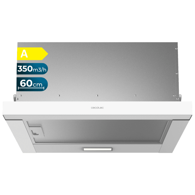 Cecotec Bolero Flux TLM 603500 White A Campana extratora telescópica de 60cm de ancho acabado blanco potencia succión 350m3/h Motor 70W Clase A control mecánico 2 niveles de potencia y filtro de carbono. Campana extratora tel