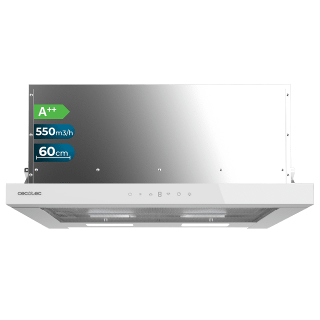 Cecotec Bolero Flux TLT 605500 Glass White A++ Campana extratora telescópica de 60cm de ancho acabado frontal vidrio blanco potencia succión 550m3/h Motor 70W Clase A++ control táctil con filtro de carbono y Hand Movement Con
