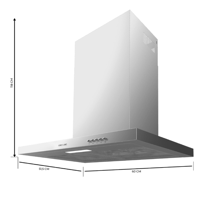 Cecotec Bolero Flux TM 603500 Inox A Campana T De 60cm De Ancho Acabado Inox Succión 350m3/h Motor 70W Clase A Control Mecánico 3 Niveles De Potencia Luz Y Filtro De Carbono. Campana T