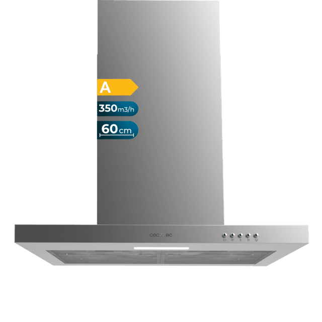 Cecotec Bolero Flux TM 603500 Inox A Campana T de 60cm de ancho acabado inox succión 350m3/h Motor 70W Clase A control mecánico 3 niveles de potencia luz y filtro de carbono. Campana T