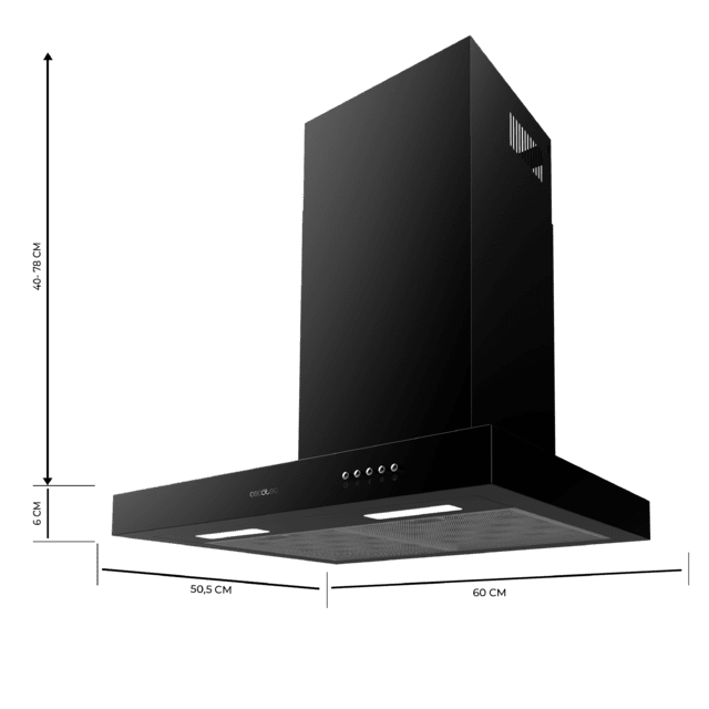 Cecotec Bolero Flux TM 606500 Black A Campana T De 60cm De Ancho Acabado Negro Succión 650m3/h Motor 165W Clase A Control Mecánico 3 Niveles De Potencia Luz Y Filtro De Carbono. Campana T