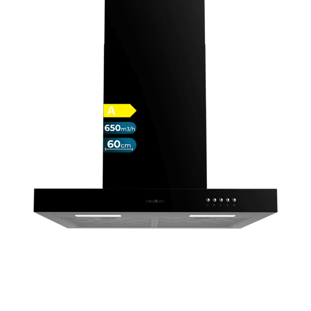 Cecotec Bolero Flux TM 606500 Black A Campana T de 60cm de ancho acabado negro succión 650m3/h Motor 165W Clase A control mecánico 3 niveles de potencia luz y filtro de carbono. Campana T