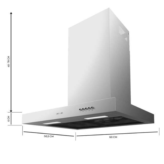 Cecotec Bolero Flux TM 606500 Inox A Campana T De 60cm De Ancho Acabado Inox Succión 650m3/h Motor 165W Clase A Control Mecánico 3 Niveles De Potencia Luz Y Filtro De Carbono. Campana T