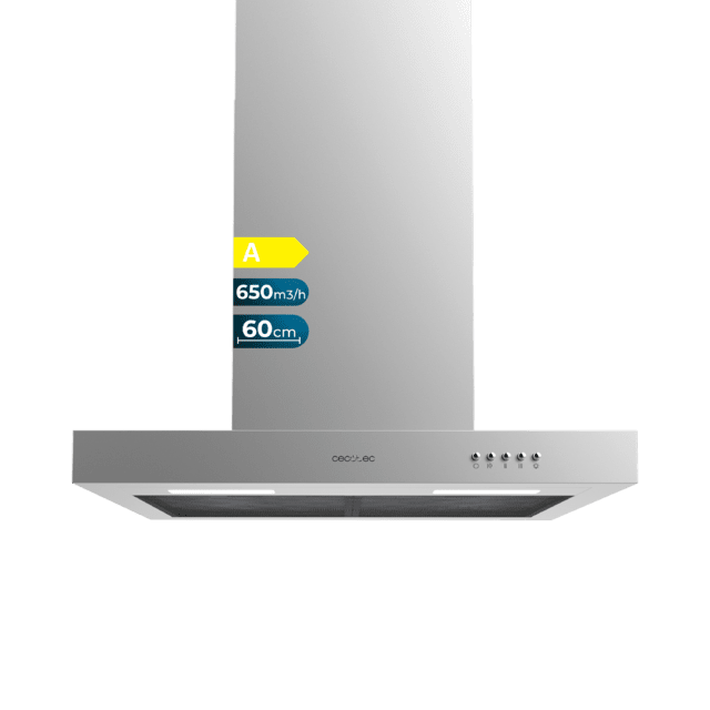 Cecotec Bolero Flux TM 606500 Inox A Campana T de 60cm de ancho acabado inox succión 650m3/h Motor 165W Clase A control mecánico 3 niveles de potencia luz y filtro de carbono. Campana T