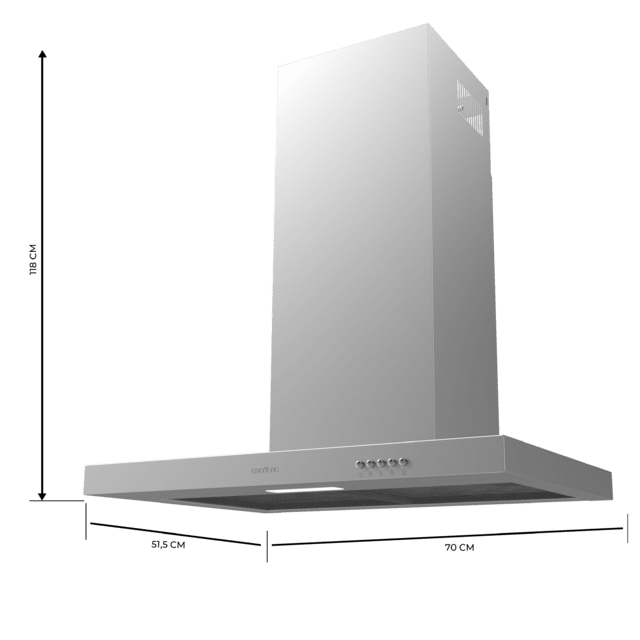 Cecotec Bolero Flux TM 703500 Inox A Campana T De 70cm De Ancho Acabado Inox Succión 350m3/h Motor 70W Clase A Control Mecánico 3 Niveles De Potencia Luz Y Filtro De Carbono. Campana T