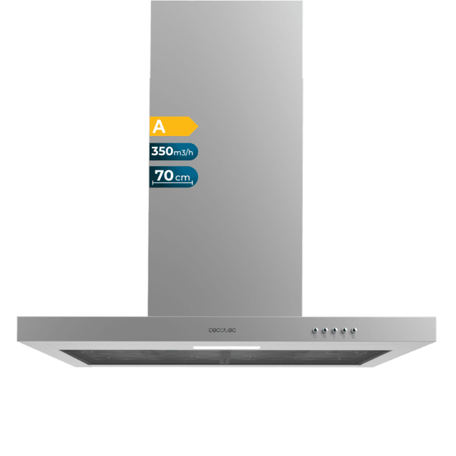 Cecotec Bolero Flux TM 703500 Inox A Campana T de 70cm de ancho acabado inox succión 350m3/h Motor 70W Clase A control mecánico 3 niveles de potencia luz y filtro de carbono. Campana T
