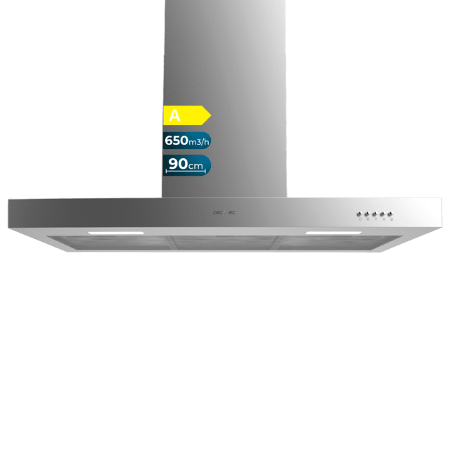 Cecotec Bolero Flux TM 906500 Inox A Campana T de 90cm de ancho acabado inox succión 650m3/h Motor 165W Clase A control mecánico 3 niveles de potencia luz y filtro de carbono. Campana T
