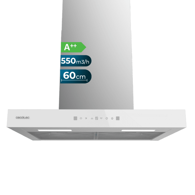 Cecotec Bolero Flux TT 605500 Glass White A++ Campana T de 60cm de ancho acabado frontal cristal blanco succión 550m3/h Motor 70W Clase A++ control táctil 3 niveles de potencia Booster luz filtro de carbono Hand Movement Contr