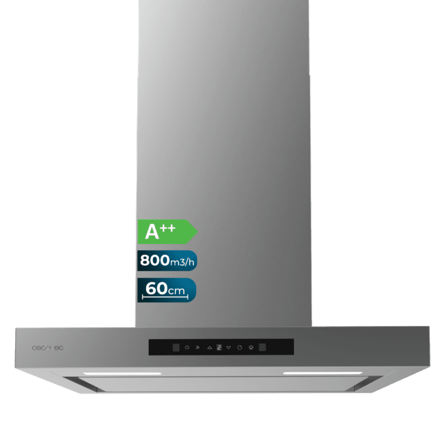 Cecotec Bolero Flux TT 608000 Slim Glass Black A++ Campana T de 60cm de ancho acabado inox succión 800m3/h Motor 210W Clase A++ display táctil glass black 3 niveles de potencia Booster luz filtro de carbono Hand Movement Contr