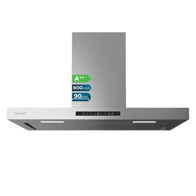 Cecotec Bolero Flux TT 908000 Slim Glass Black A++ Campana T Bolero Flux TT 908000 Slim Glass Black A++ de 90cm de ancho acabado inox succión 800m3/h Motor 210W Clase A++ display táctil glass black 3 niveles de potencia luz fi