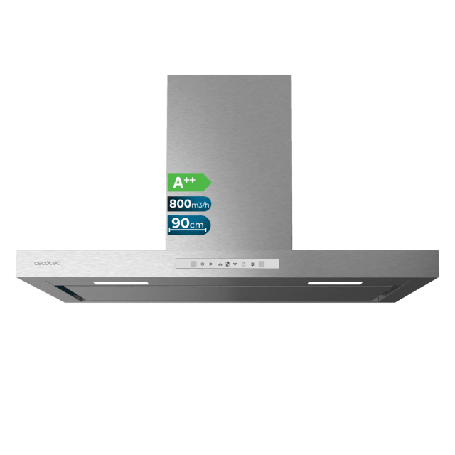 Cecotec Bolero Flux TT 908000 Slim Glass White A++ Campana T de 90cm de ancho acabado inox succión 800m3/h Motor 210W Clase A++ display táctil glass white 3 niveles de potencia luz filtro de carbono Hand Movement Control y Del