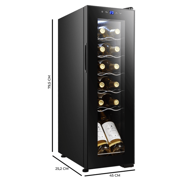 Cecotec Bolero GrandSommelier 1250 CoolCrystal Compressor Vinoteca De Libre Instalación Capacidad Para 12 Botellas Ajuste Temperatura 8-18ºC 25 Cm De Ancho Y 79 5 Cm De Alto Display Táctil E Iluminación LED Interna. Vinoteca