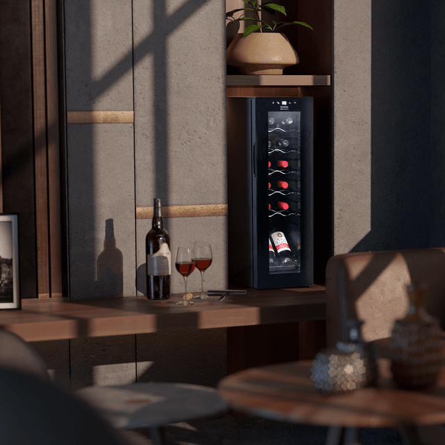 Cecotec Bolero GrandSommelier 1250 CoolCrystal Compressor Vinoteca De Libre Instalación Capacidad Para 12 Botellas Ajuste Temperatura 8-18ºC 25 Cm De Ancho Y 79 5 Cm De Alto Display Táctil E Iluminación LED Interna. Vinoteca