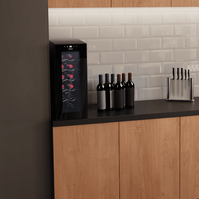Cecotec Bolero GrandSommelier 1250 CoolCrystal Vinoteca Bodega Con Capacidad De 12 Botellas Y Enfriamiento Termoeléctrico. Temperatura Regulable Y Luz LED Interior Vinoteca 12 Botellas