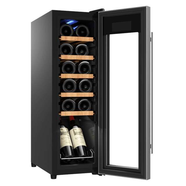 Cecotec Bolero GrandSommelier 1250 CoolWood Compressor Vinoteca De Libre Instalación Capacidad Para 12 Botellas Ajuste Temperatura 8-18ºC 25 Cm De Ancho Y 79 5 Cm De Alto Estantes De Madera Display Táctil E Iluminación LED I