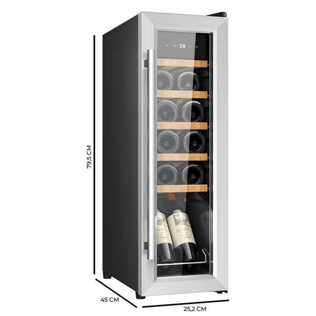Cecotec Bolero GrandSommelier 1250 CoolWood Compressor Vinoteca De Libre Instalación Capacidad Para 12 Botellas Ajuste Temperatura 8-18ºC 25 Cm De Ancho Y 79 5 Cm De Alto Estantes De Madera Display Táctil E Iluminación LED I