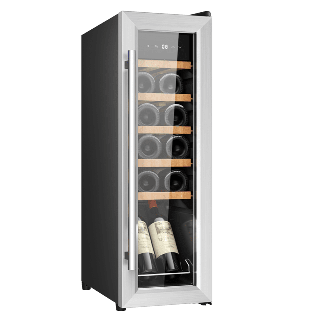 Cecotec Bolero GrandSommelier 1250 CoolWood Compressor Vinoteca de libre instalación capacidad para 12 botellas ajuste temperatura 8-18ºC 25 cm de ancho y 79 5 cm de alto estantes de madera display táctil e iluminación LED i
