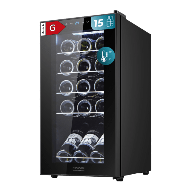 Cecotec Bolero GrandSommelier 1550 Black Compressor Vinoteca en negro de 15 botellas de capacidad con sistema compresor de enfriamiento temperatura regulable entre 5-18ºC y panel de control táctil. Vinoteca
