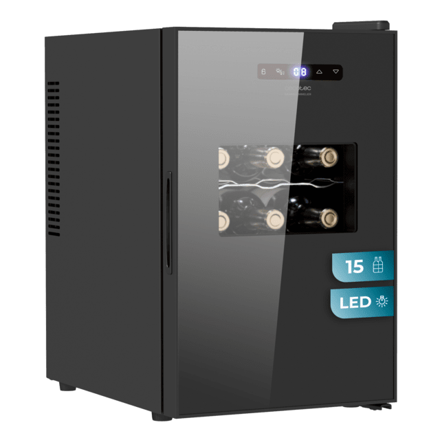 Cecotec Bolero GrandSommelier 1550 CoolCrystal Bodega puesta a temperatura de 15 botellas de capacidad con sistema termoeléctrico de enfriamiento que garantiza un alto rendimiento. Temperatura regulable y luz LED interior. Bode