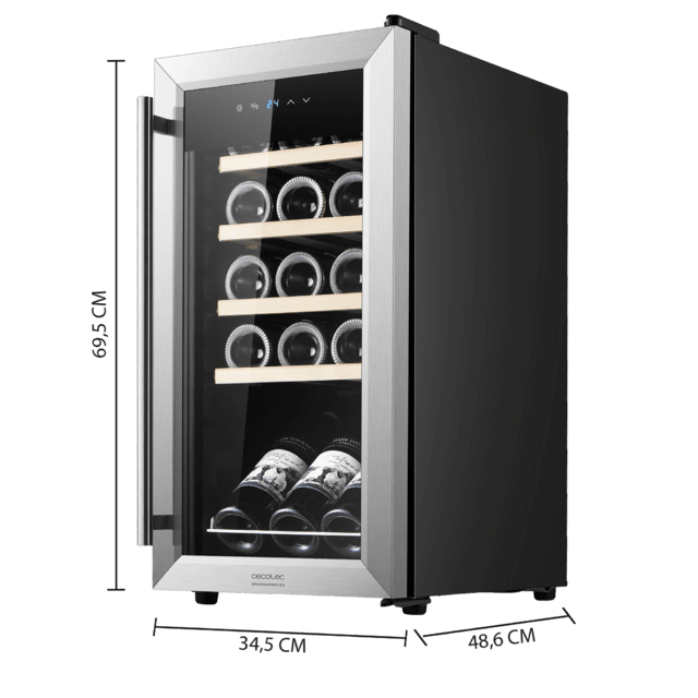 Cecotec Bolero GrandSommelier 1550 Inox Compressor Vinoteca Con Puerta Y Tirador Inox De 15 Botellas De Capacidad Con Sistema Compresor De Enfriamiento Temperatura Regulable Entre 5-18ºC Y Panel De Control Táctil. Vinoteca