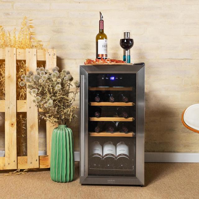 Cecotec Bolero GrandSommelier 1550 Inox Compressor Vinoteca Con Puerta Y Tirador Inox De 15 Botellas De Capacidad Con Sistema Compresor De Enfriamiento Temperatura Regulable Entre 5-18ºC Y Panel De Control Táctil. Vinoteca