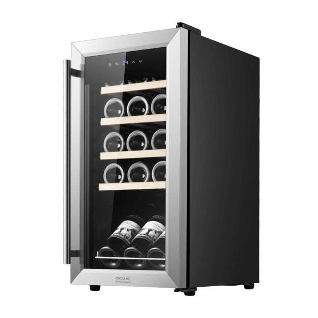 Cecotec Bolero GrandSommelier 1550 Inox Compressor Vinoteca con puerta y tirador inox de 15 botellas de capacidad con sistema compresor de enfriamiento temperatura regulable entre 5-18ºC y panel de control táctil. Vinoteca