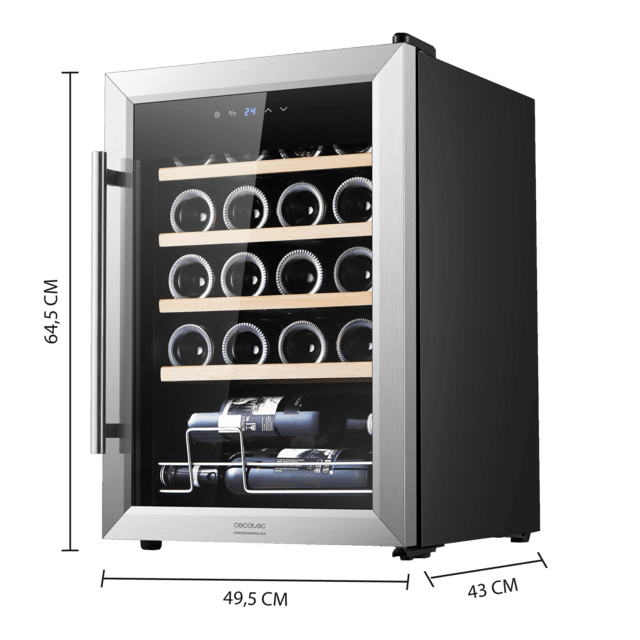 Cecotec Bolero GrandSommelier 2050 Inox Compressor Vinoteca Con Puerta Y Tirador Inox De 20 Botellas De Capacidad Con Sistema Compresor De Enfriamiento Temperatura Regulable Entre 5-18ºC Y Panel De Control Táctil. Vinoteca