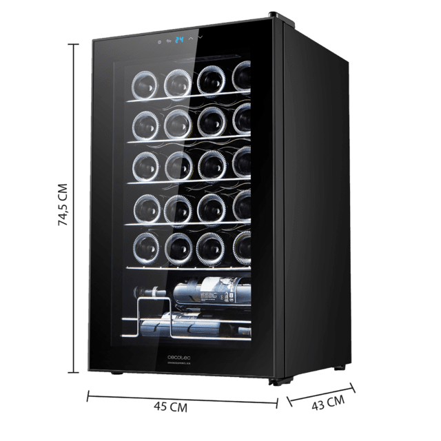 Cecotec Bolero GrandSommelier 2450 Black Compressor Vinoteca En Negro De 24 Botellas De Capacidad Con Sistema Compresor De Enfriamiento Temperatura Regulable Entre 5-18ºC Y Panel De Control Táctil. Vinoteca