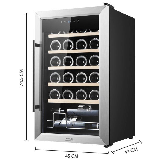 Cecotec Bolero GrandSommelier 2450 Inox Compressor Vinoteca Con Puerta Y Tirador Inox De 24 Botellas De Capacidad Con Sistema Compresor De Enfriamiento Temperatura Regulable Entre 5-18ºC Y Panel De Control Táctil. Vinoteca