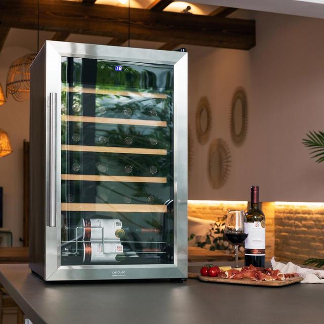 Cecotec Bolero GrandSommelier 2450 Inox Compressor Vinoteca Con Puerta Y Tirador Inox De 24 Botellas De Capacidad Con Sistema Compresor De Enfriamiento Temperatura Regulable Entre 5-18ºC Y Panel De Control Táctil. Vinoteca