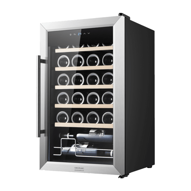 Cecotec Bolero GrandSommelier 2450 Inox Compressor Vinoteca con puerta y tirador inox de 24 botellas de capacidad con sistema compresor de enfriamiento temperatura regulable entre 5-18ºC y panel de control táctil. Vinoteca