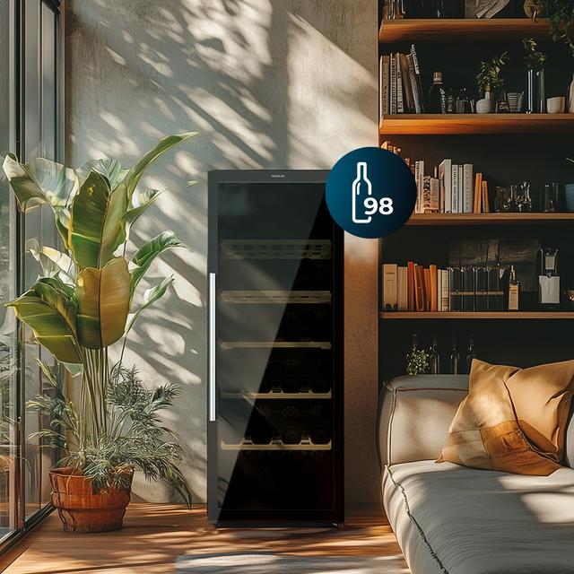 Cecotec Bolero GrandSommelier 98000 Black Vinoteca Grande 98 Botellas Compresor Silencioso 37dB Dimensiones 128.5cm Alto X 48cm Ancho Control Táctil Temperatura Regulable 5ºC A 20ºC Bloqueo Infantil Luz LED Interior Vinoteca