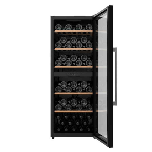 Cecotec Bolero GrandSommelier Duo 77000 Black Vinoteca De 77 Botellas De Capacidad Con Sistema Compresor De Enfriamiento Que Garantiza Un Alto Rendimiento Ofreciendo Una Doble Zona Tanto Para Vino Tinto Como Blanco O Champagne.