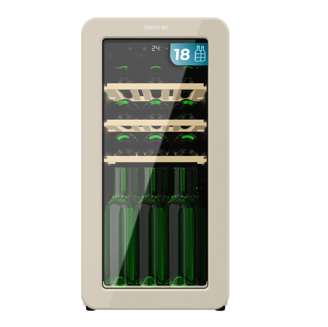 Cecotec Bolero GrandSommelier Origin 18 Hit Beige Vinoteca de diseño retro color beige Capacidad para 18 botellas Control electrónico de temperatura mediante display LED Rango ajustable de 5 a 20ºC Compresor Integrado Tecnolo