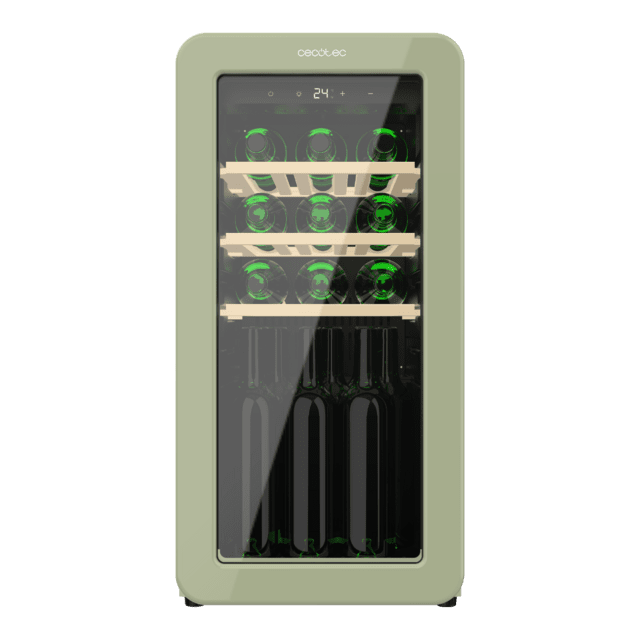 Cecotec Bolero GrandSommelier Origin 18 Hit Green Vinoteca De Diseño Retro Color Verde Capacidad Para 18 Botellas Control Electrónico De Temperatura Mediante Display LED Rango Ajustable De 5 A 20ºC Compresor Integrado Tecnolo