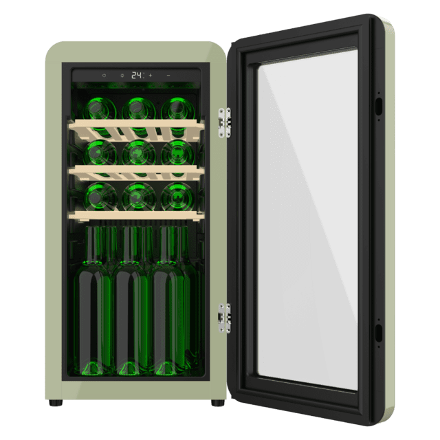 Cecotec Bolero GrandSommelier Origin 18 Hit Green Vinoteca De Diseño Retro Color Verde Capacidad Para 18 Botellas Control Electrónico De Temperatura Mediante Display LED Rango Ajustable De 5 A 20ºC Compresor Integrado Tecnolo