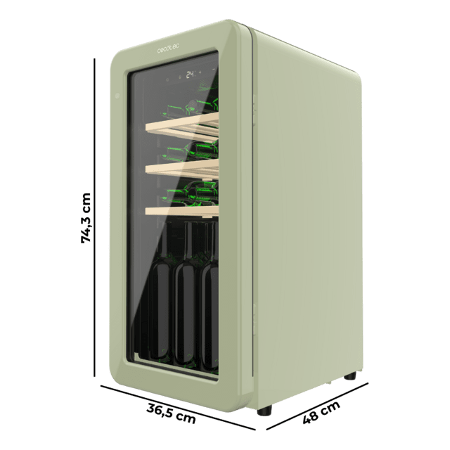 Cecotec Bolero GrandSommelier Origin 18 Hit Green Vinoteca De Diseño Retro Color Verde Capacidad Para 18 Botellas Control Electrónico De Temperatura Mediante Display LED Rango Ajustable De 5 A 20ºC Compresor Integrado Tecnolo