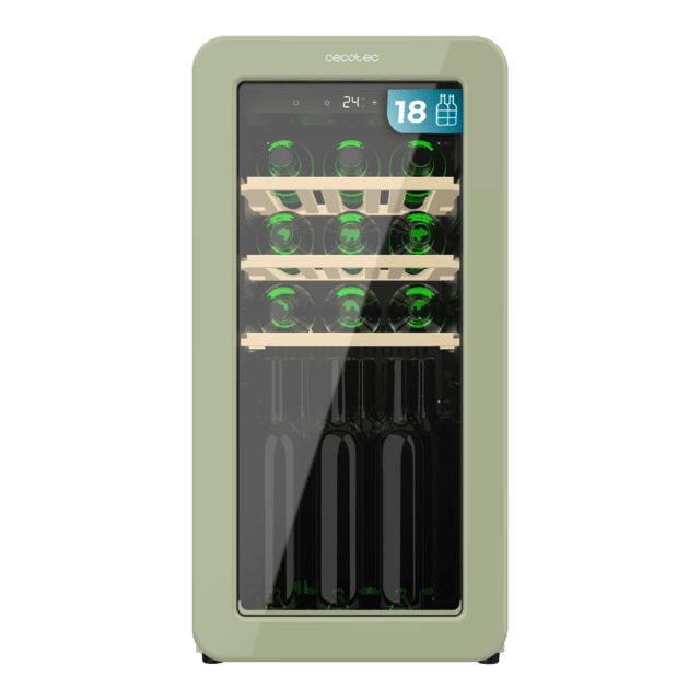 Cecotec Bolero GrandSommelier Origin 18 Hit Green Vinoteca de diseño retro color verde Capacidad para 18 botellas Control electrónico de temperatura mediante display LED Rango ajustable de 5 a 20ºC Compresor Integrado Tecnolo