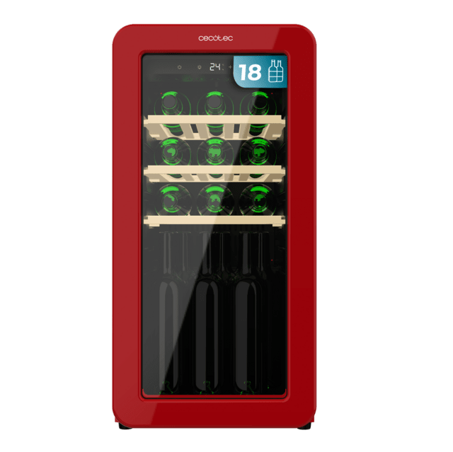Cecotec Bolero GrandSommelier Origin 18 Hit Red Vinoteca de diseño retro color rojo Capacidad para 18 botellas Control electrónico de temperatura mediante display LED Rango ajustable de 5 a 20ºC Compresor Integrado Tecnologí