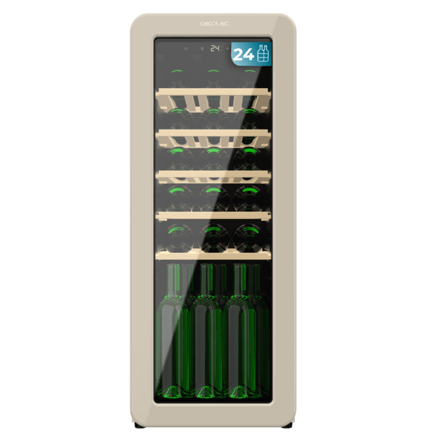Cecotec Bolero GrandSommelier Origin 24 Hit Beige Vinoteca de diseño retro color beige Capacidad para 24 botellas Control electrónico de temperatura mediante display LED Rango ajustable de 5 a 20ºC Tecnología NoFrost Estante