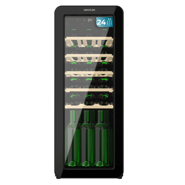Cecotec Bolero GrandSommelier Origin 24 Hit Black Vinoteca de diseño retro color negro Capacidad para 24 botellas Control electrónico de temperatura mediante display LED Rango ajustable de 5 a 20ºC Tecnología NoFrost Estante