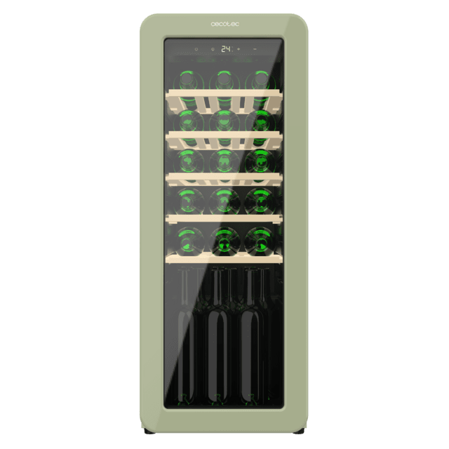 Cecotec Bolero GrandSommelier Origin 24 Hit Green Vinoteca De Diseño Retro Color Verde Capacidad Para 24 Botellas Control Electrónico De Temperatura Mediante Display LED Rango Ajustable De 5 A 20ºC Tecnología NoFrost Estante