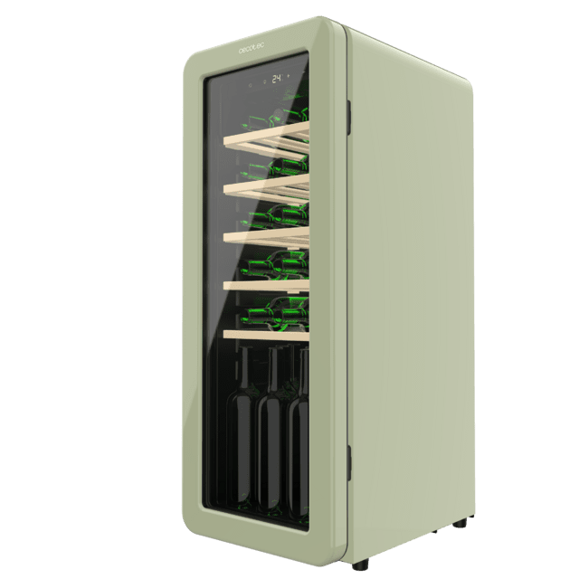Cecotec Bolero GrandSommelier Origin 24 Hit Green Vinoteca De Diseño Retro Color Verde Capacidad Para 24 Botellas Control Electrónico De Temperatura Mediante Display LED Rango Ajustable De 5 A 20ºC Tecnología NoFrost Estante
