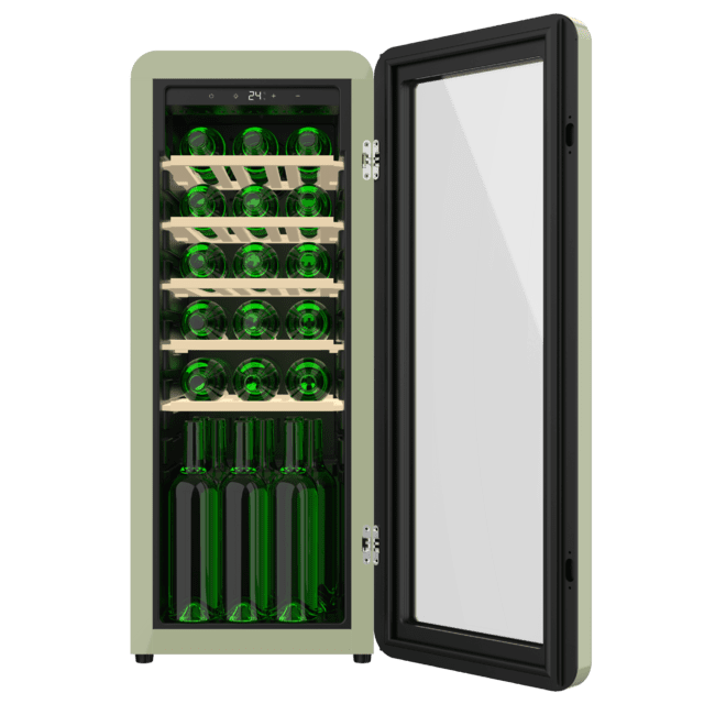 Cecotec Bolero GrandSommelier Origin 24 Hit Green Vinoteca De Diseño Retro Color Verde Capacidad Para 24 Botellas Control Electrónico De Temperatura Mediante Display LED Rango Ajustable De 5 A 20ºC Tecnología NoFrost Estante