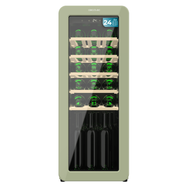 Cecotec Bolero GrandSommelier Origin 24 Hit Green Vinoteca de diseño retro color verde Capacidad para 24 botellas Control electrónico de temperatura mediante display LED Rango ajustable de 5 a 20ºC Tecnología NoFrost Estante